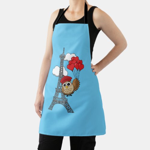 Owl Flying with Heart Balloons in Paris Apron