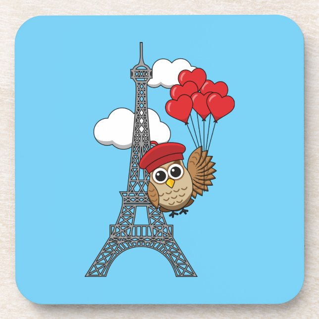 Owl Flying with Heart Balloons in Paris Beverage Coaster (Front)