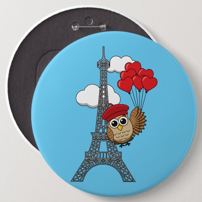 Owl Flying with Heart Balloons in Paris Button (Front & Back)