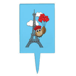 Owl Flying with Heart Balloons in Paris Cake Topper