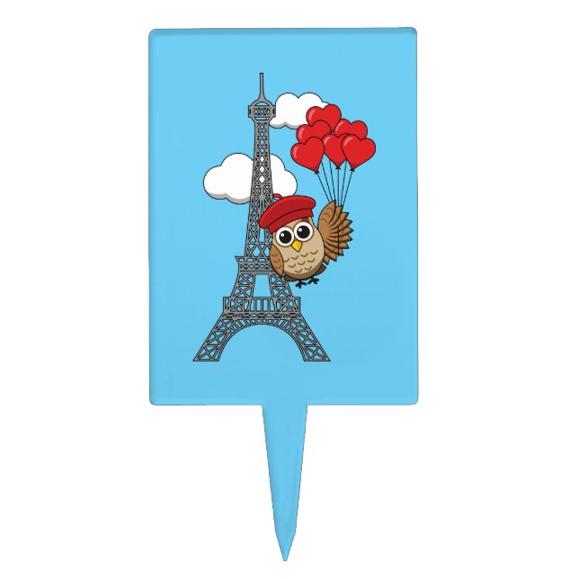 Owl Flying with Heart Balloons in Paris Cake Topper (Front)
