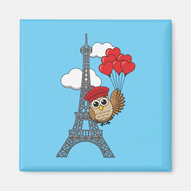 Owl Flying with Heart Balloons in Paris Magnet (Front)