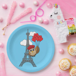 Owl Flying with Heart Balloons in Paris Paper Plates