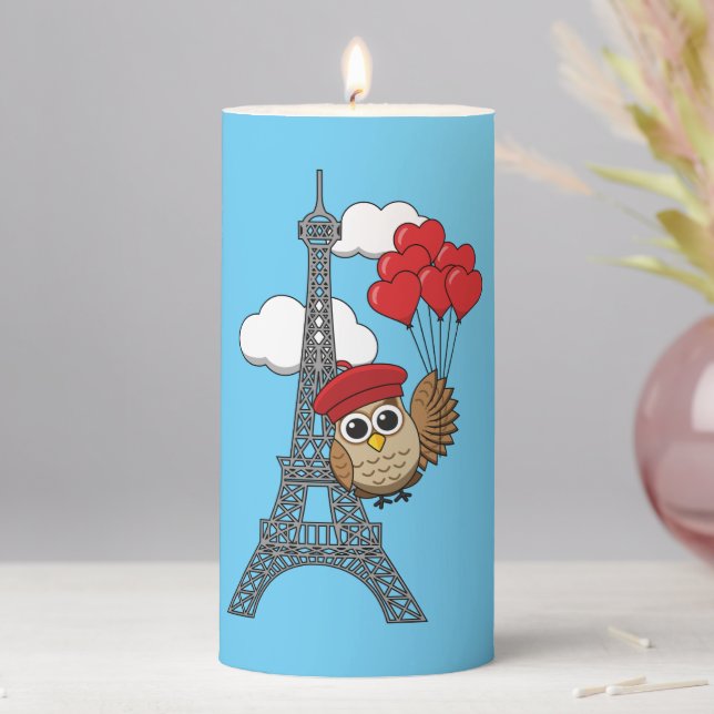 Owl Flying with Heart Balloons in Paris Pillar Candle (In Situ)