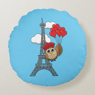 Owl Flying with Heart Balloons in Paris Round Pillow