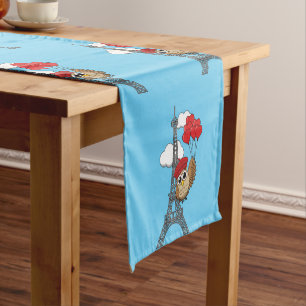 Owl Flying with Heart Balloons in Paris Short Table Runner