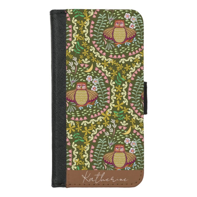 Owl Folk Green iPhone Wallet Case (Front)