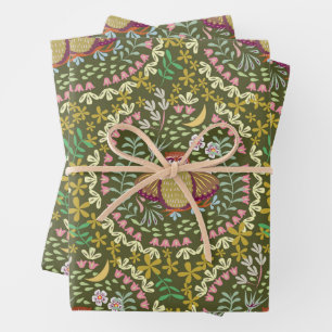 Owl Folk Green Wrapping Paper Sheets
