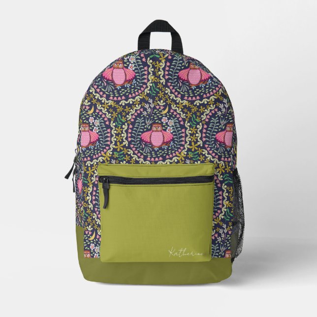 Owl Folk Navy Printed Backpack (Front)
