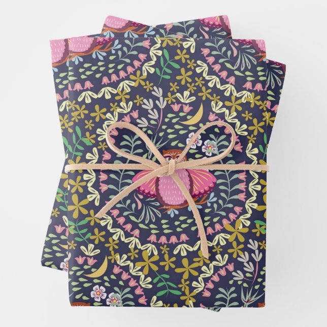 Owl Folk Navy Wrapping Paper Sheets (In situ)