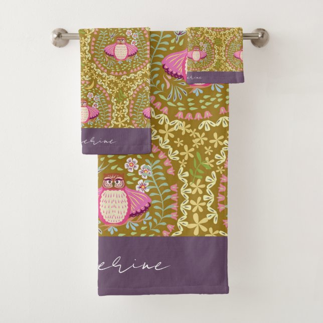 Owl Folk Olive Bath Towel Set (Insitu)