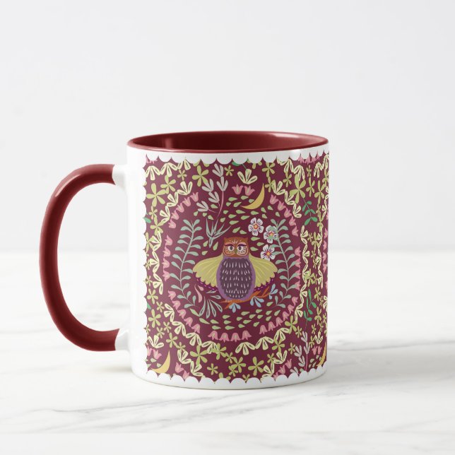 Owl Folk Wine Red Mug (Left)