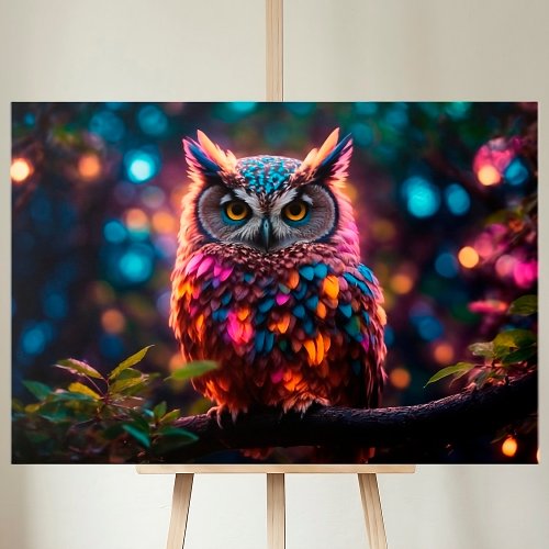 Owl Forest Bird Hunter Colorful Feathers Lights  Canvas Print