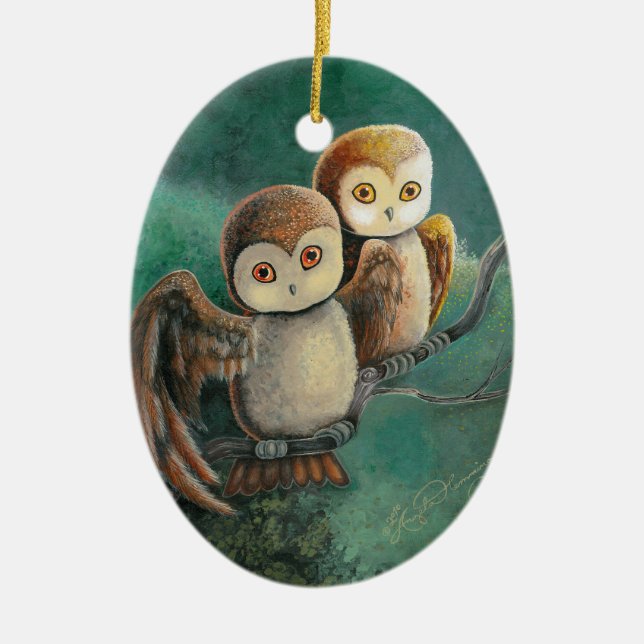 Owl Friends Owl Art Ceramic Ornament (Front)