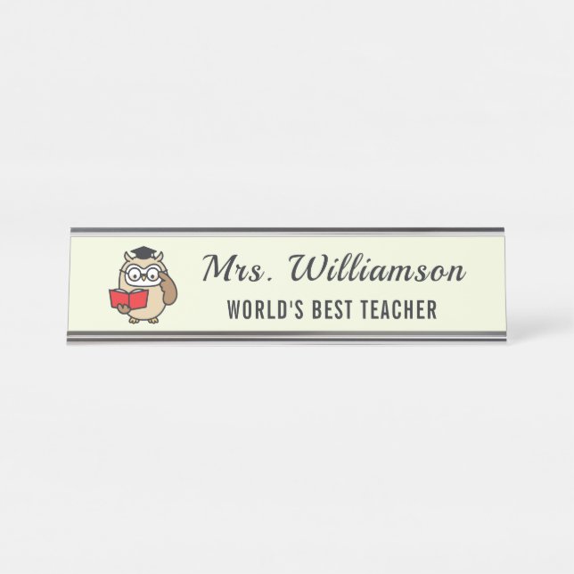 Owl From The Desk Of Custom Name Teacher Librarian Desk Name Plate (Front)