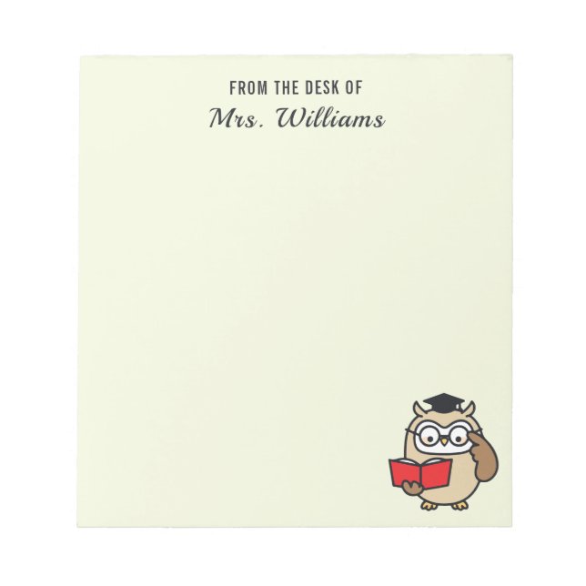 Owl From The Desk Of Custom Name Teacher Librarian Notepad (Front)