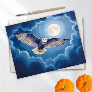 Owl Full Moon Halloween Watercolor Holiday Postcard