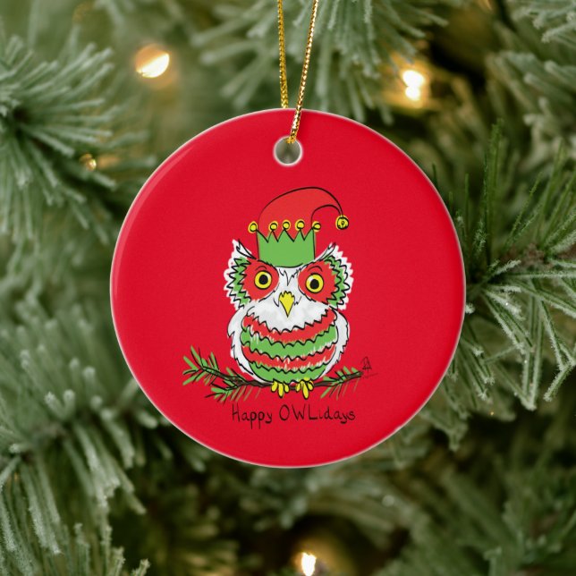 Owl Funny Christmas Cute Holiday Ceramic Ornament (Tree)