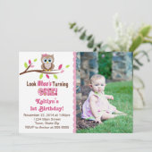 Owl Girl 1st Birthday Invitation 5x7 Photo Card (Standing Front)