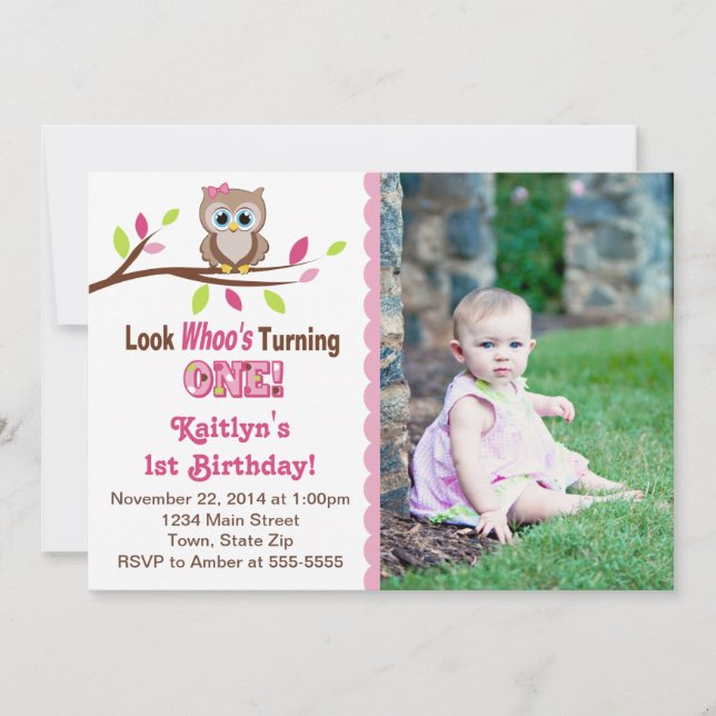 Owl Girl 1st Birthday Invitation 5x7 Photo Card (Front)