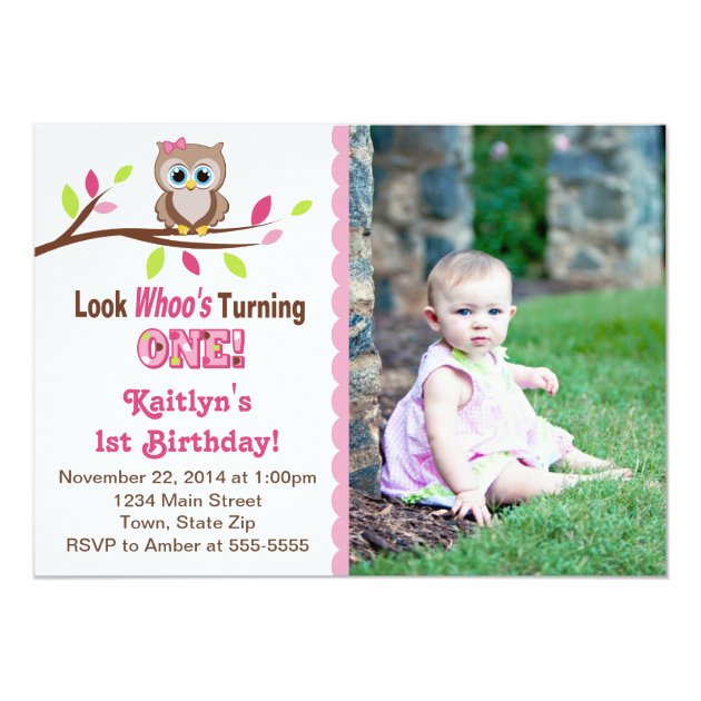 Owl Girl 1st Birthday Invitation 5x7 Photo Card