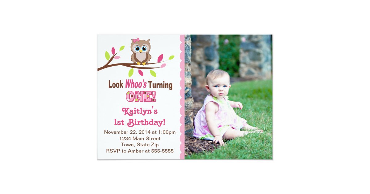 Owl Girl 1st Birthday Invitation 5x7 Photo Card Zazzle Com