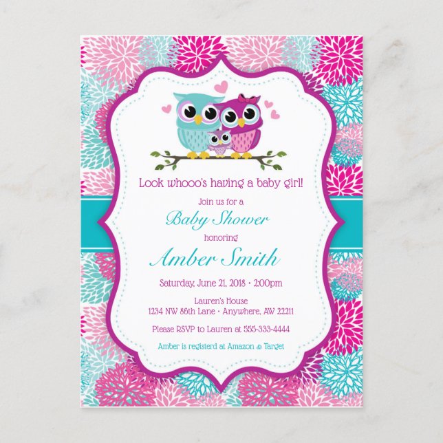 Owl Girl Baby Shower Invitation (Front)