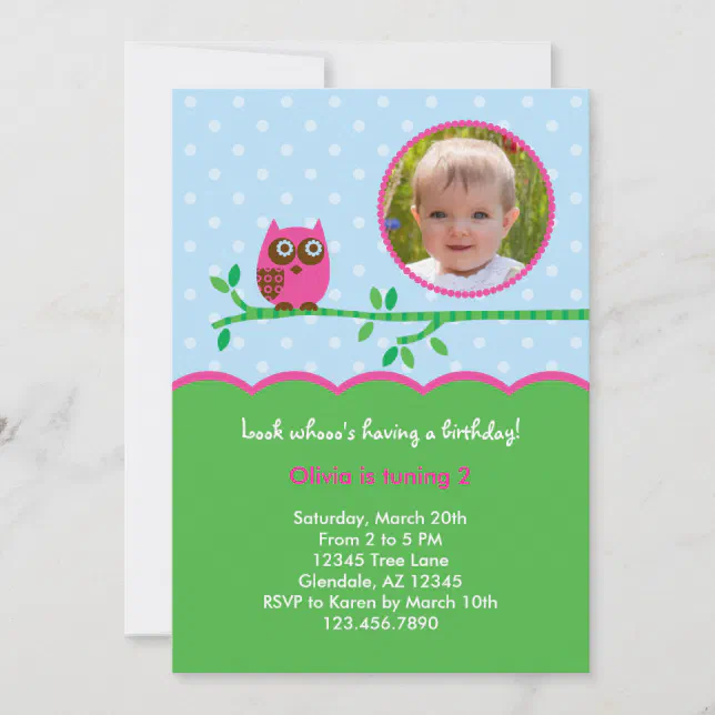 Owl Girl Birthday Photo Invitation | Zazzle