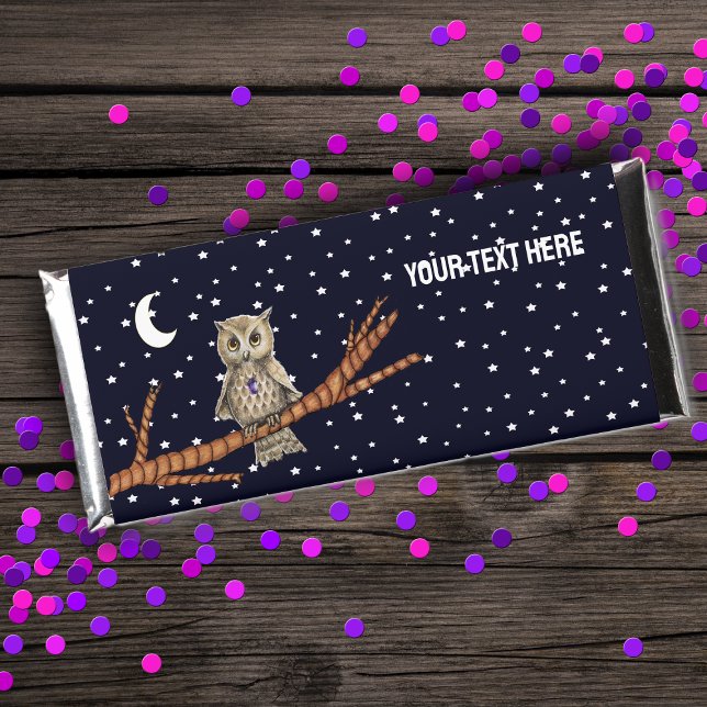 Owl Golden eyes Crystal Necklace Branch Moon Stars Hershey Bar Favors (Owl Golden eyes purple crystal necklace on branch moon stars on black hershey bar favor wrapper.)