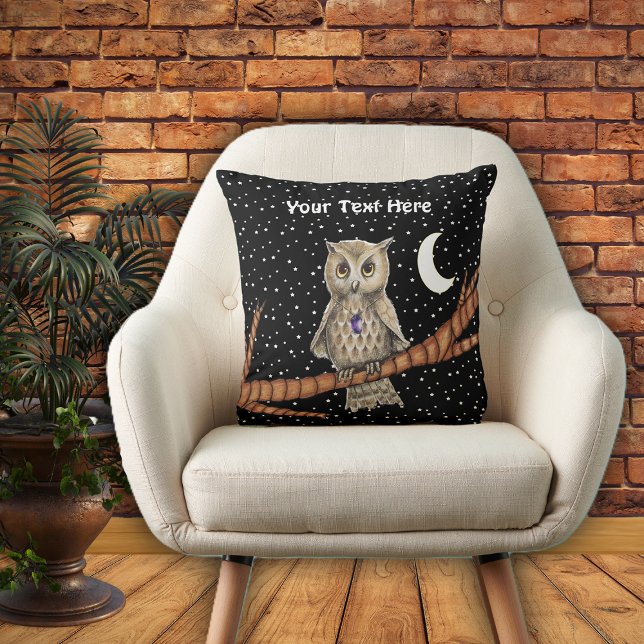 Owl Golden Eyes Crystal Necklace Moon Stars Black Throw Pillow (Brown owl golden eyes purple crystal necklace on branch moon stars on black decorative pillow.)