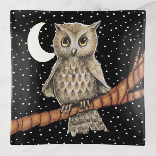 Owl Golden eyes Necklace Moon on Branch Stars Trinket Tray