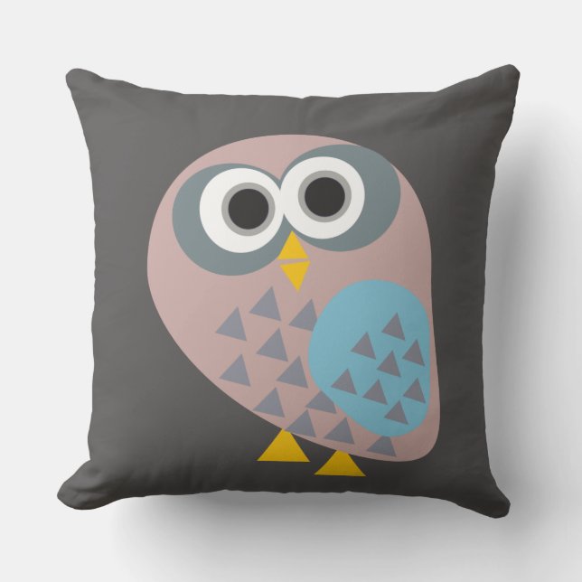 Owl gray blue mauve  throw pillow (Front)