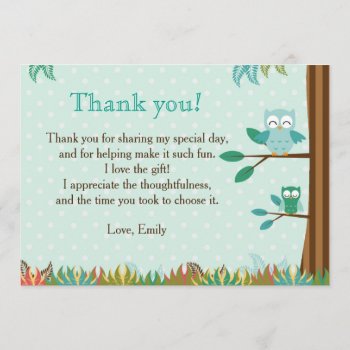 Owl Green Brown Party Thank You Card by pinkthecatdesign at Zazzle