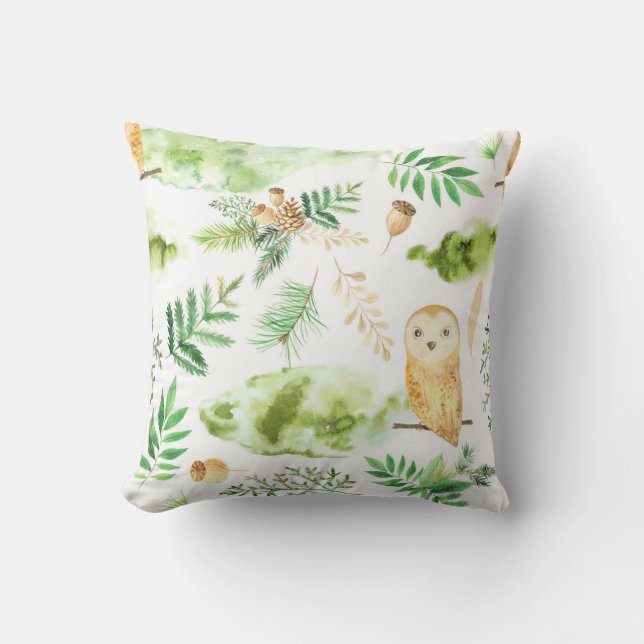 Owl Greenery Watercolor Throw Pillow (Front)