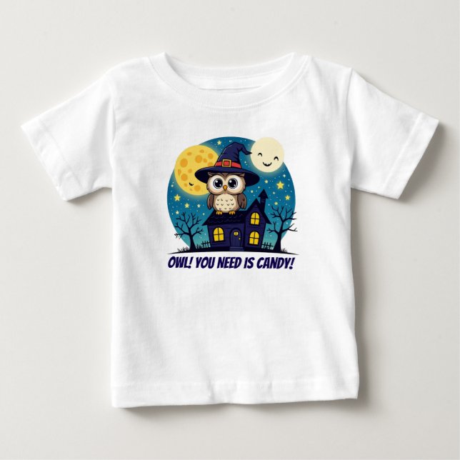 Owl & Haunted House Halloween Kids T-Shirt – Cute  (Front)