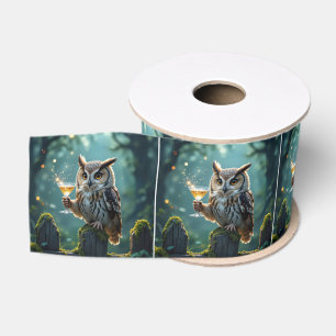 Owl Holding a Cocktail In a Mystical Forest Grosgrain Ribbon