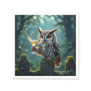 Owl Holding a Cocktail In a Mystical Forest Napkins