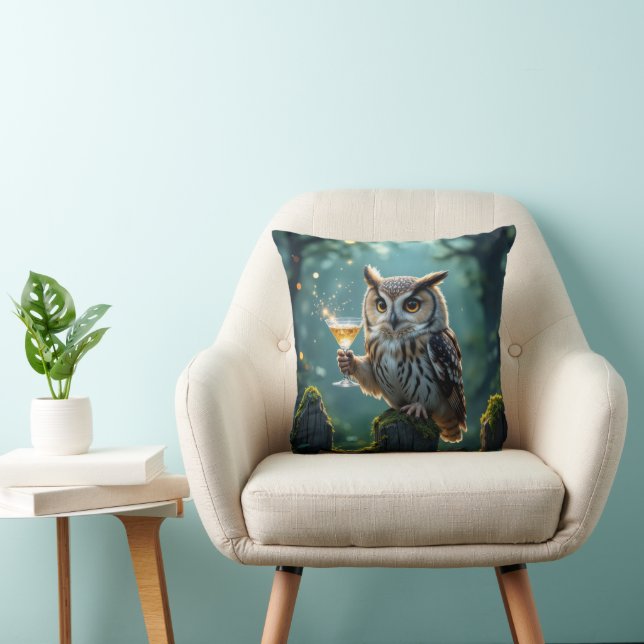 Owl Holding a Cocktail In a Mystical Forest Throw Pillow (Chair)