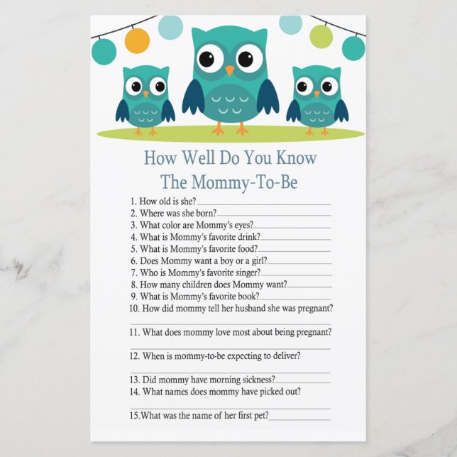 Owl how well do you know baby shower game (Front)