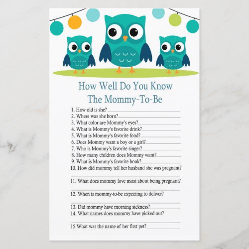 Owl how well do you know baby shower game