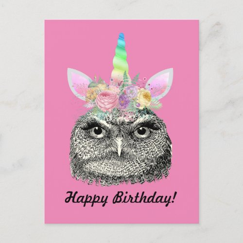 Owl_I_Corn Vintage Unicorn Owl Happy Birthday Pink Postcard