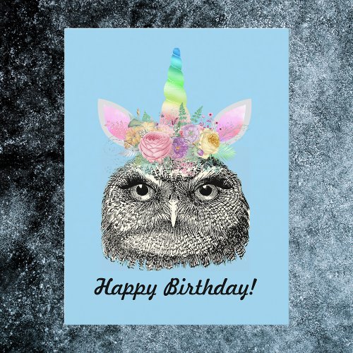 Owl_I_Corn Vintage Unicorn Owl Happy Birthday Postcard