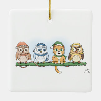 Owl I want for christmas, cartoon owls and cat Ceramic Ornament
