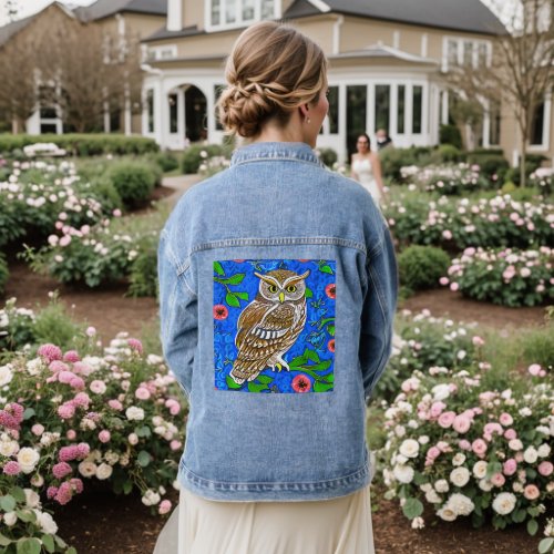 Owl Illustration Brown and Tan on Cobalt Blue Denim Jacket
