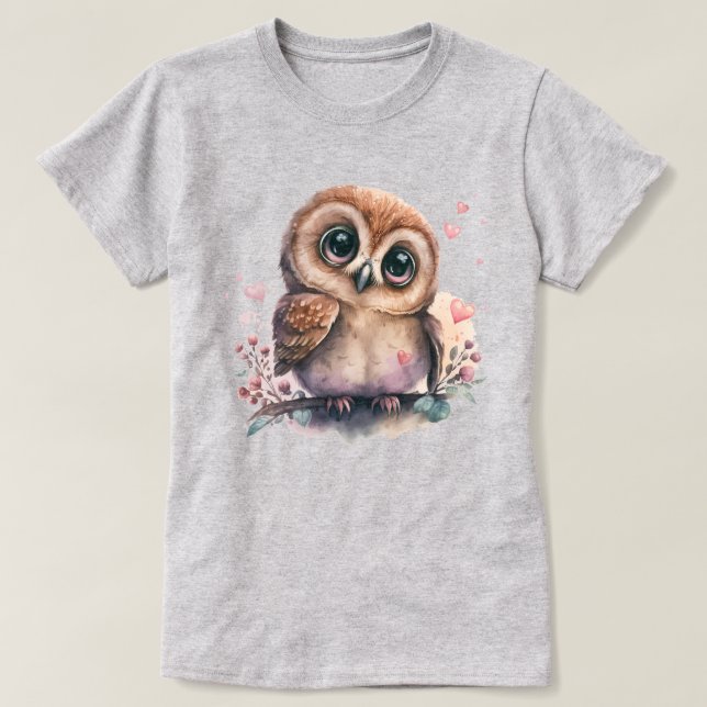 Owl Illustration Surrounded by Hearts and Blossoms T-Shirt (Design Front)