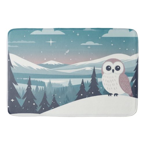 Owl in a fell landscape in winter bath mat