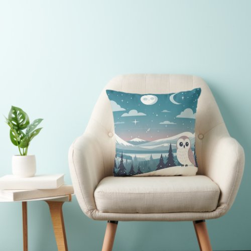 Owl in a fell landscape in winter throw pillow