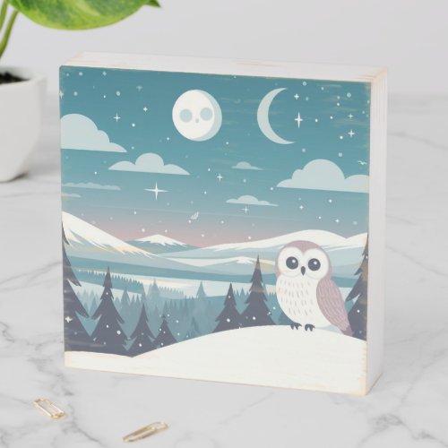 Owl in a fell landscape in winter wooden box sign