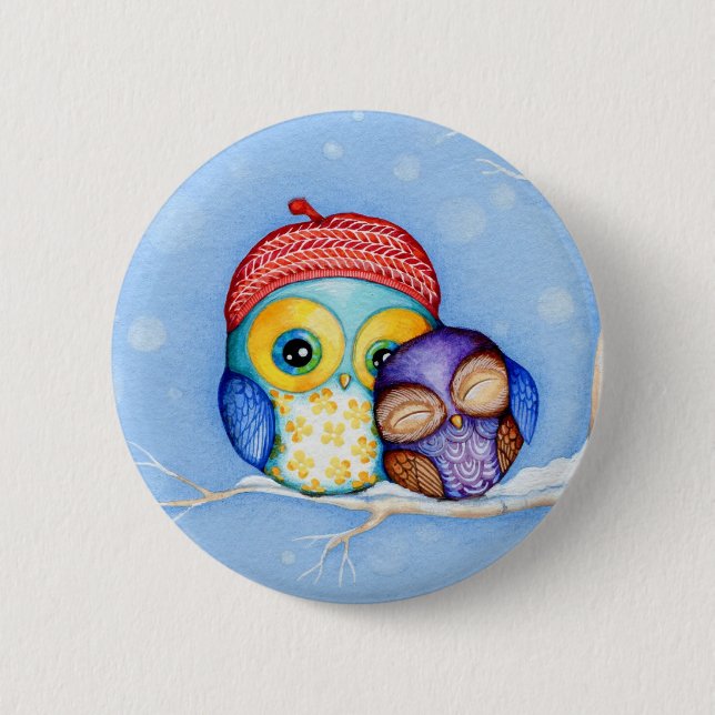 Owl in a Little Red Beret Button (Front)