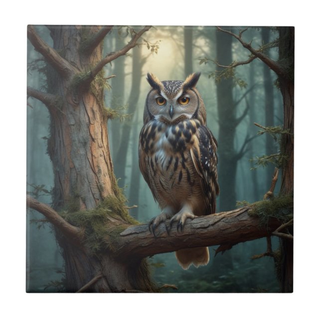 Owl in a Magical Forest Ceramic Tile (Front)